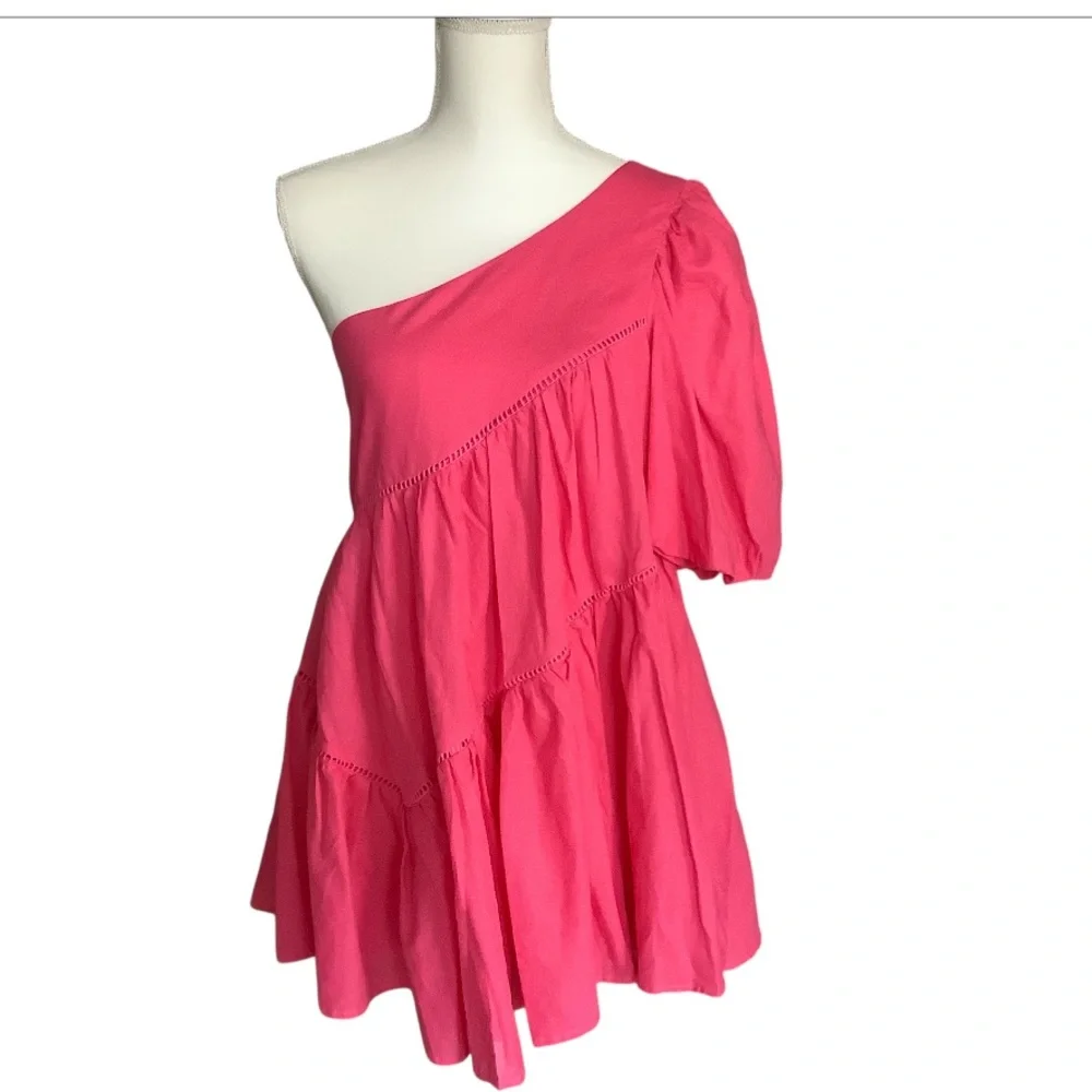 Harleen Mini Dress - Linen Asymmetrical Trim Puff Sleeve Dress in Pink